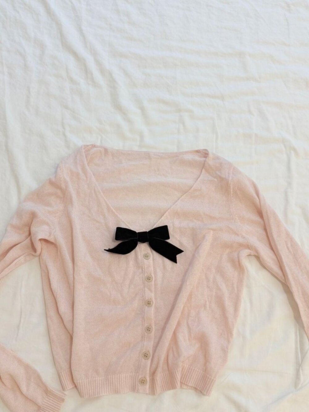 Pink Wool Blend Cardigan V Neck Button Front Black Velvet Bow Brooch XS/S